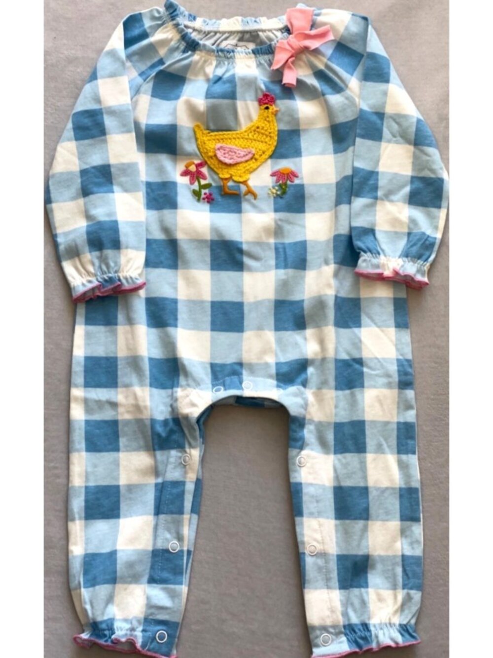 Mud Pie Crochet Chicken blue gingham check plaid romper 6m 9m NWT Farm embroider